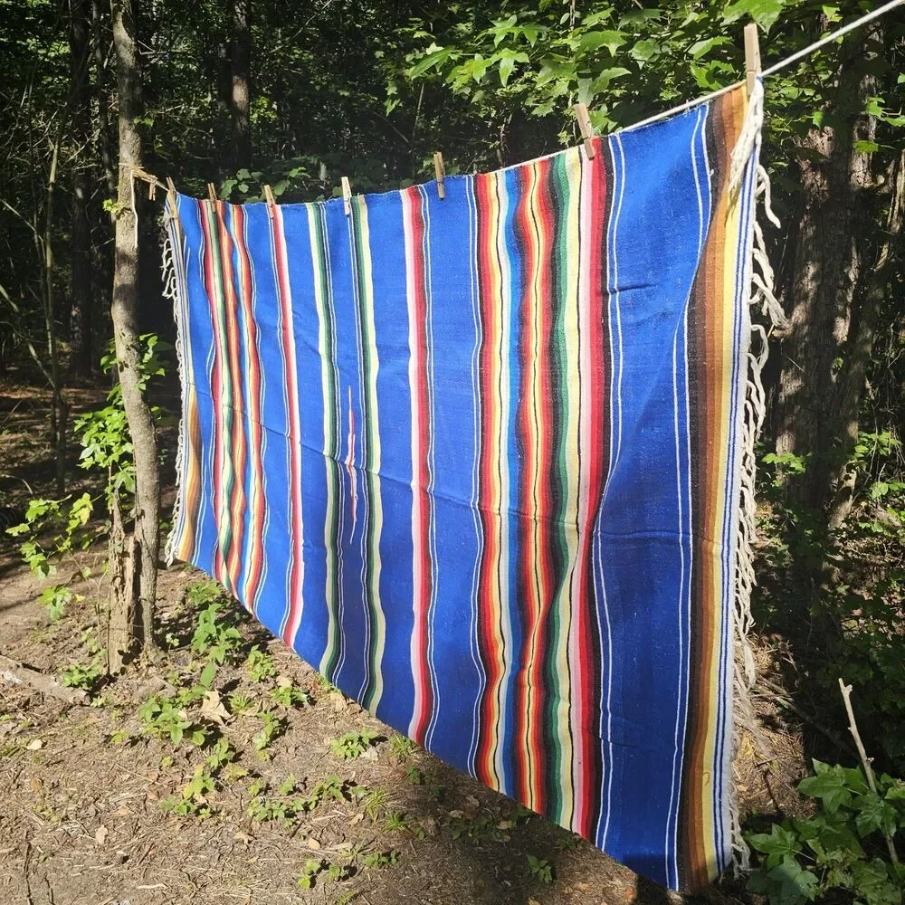 Vintage Handmade Mexican Serape Wool Blanket – Blue Multicolor Stripes, 45x80